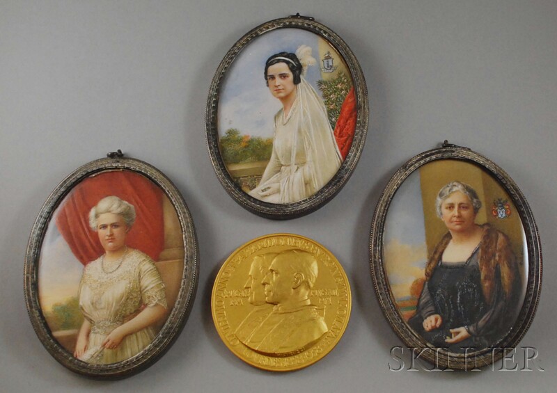 Appraisal: Three Painted Portrait Pendants and One Religious Medallion