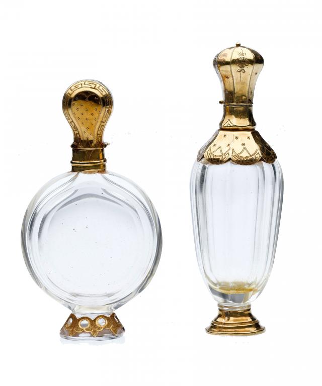 Appraisal: TWO DUTCH GOLD-MOUNTED GLASS SCENT FLASKS similarly engraved with Greek