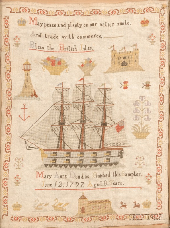 Appraisal: George III Cross-stitch Sampler c depicting a central three-masted schooner