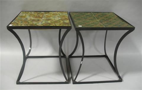 Appraisal: PAIR MODERN METAL CERAMIC PATIO TABLES h w d in