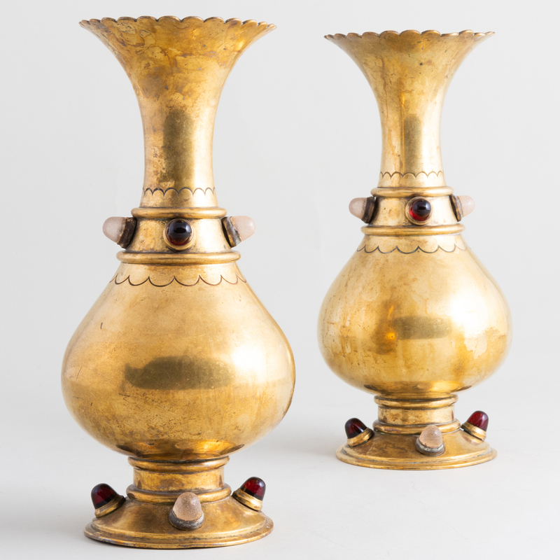 Appraisal: Pair of Brass and Glass Altar Vases Unmarked x in