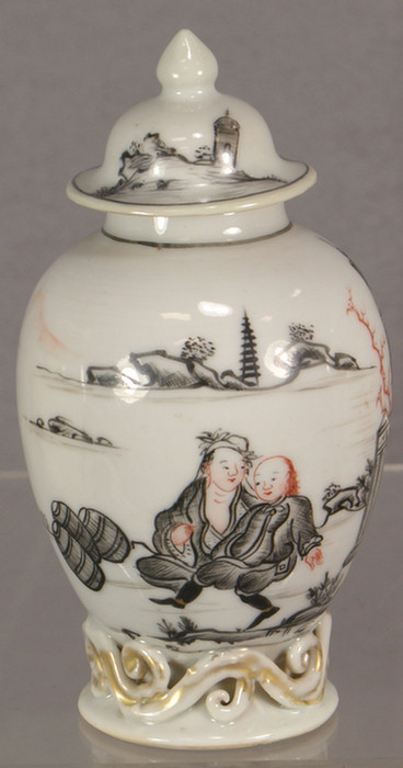 Appraisal: Chinese Export Grisaille tea caddy erotic design European Gentleman with