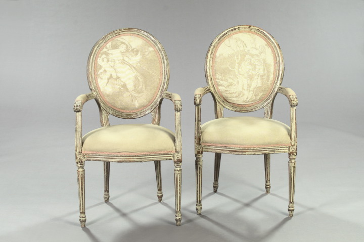 Appraisal: Pair of Louis XVI-Style Polychromed and Distressed Fauteuils each with