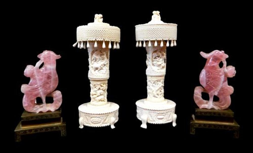 Appraisal: ASIAN Ivory lamps and a pair Chinese pink quartz book