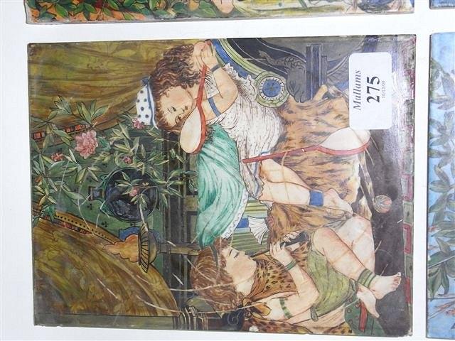 Appraisal: THREE COLOURED PRE RAPHAELITE STYLE MINTON TILES of children playing