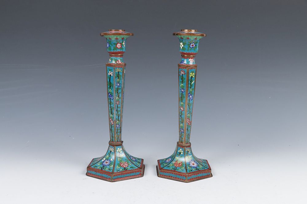 Appraisal: PAIR OF CLOISONNE CANDLESTICKS LATE QING DYNASTY A set of