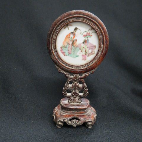 Appraisal: Chinese Porcelain Miniature Plaqueon carved wood stand plaque is diameter