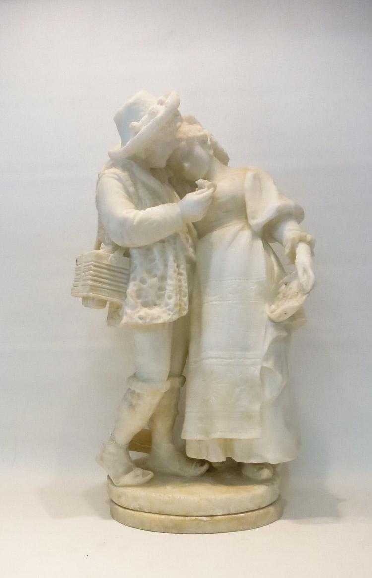 Appraisal: WHITE ALABASTER SCULPTURE Italian early th century courting musicians unsigned