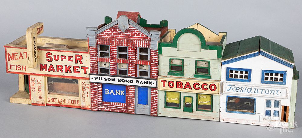 Appraisal: Painted wood light-up street scene model Painted wood light-up street