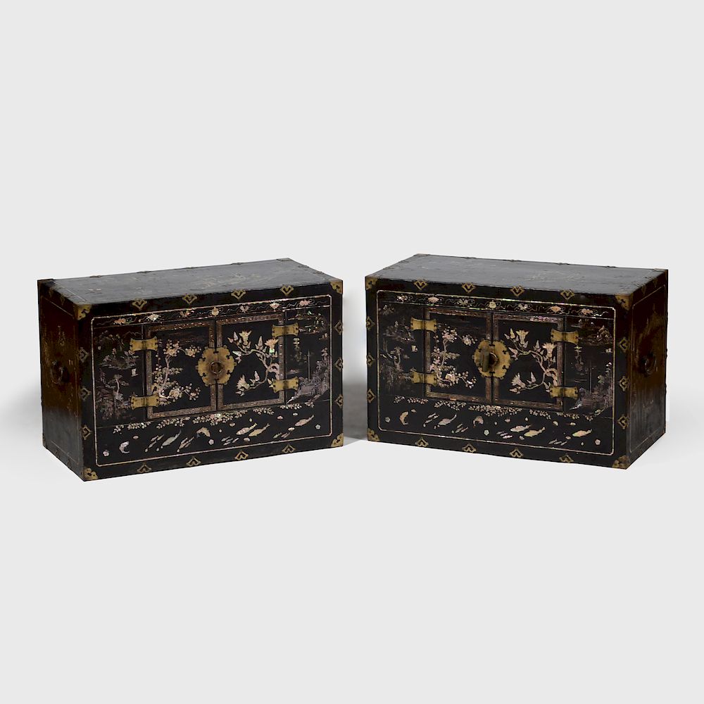 Appraisal: Pair of Chinese Brass-Mounted and Nacre Inlaid Tanzu x x