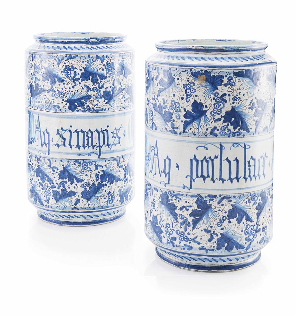 Appraisal: PAIR OF LARGE ITALIAN MAIOLICA ALBARELLI TH CENTURY of cylindrical