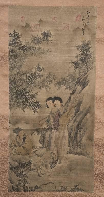 Appraisal: Chinese scroll with women playing music A Chinese scroll Portraying