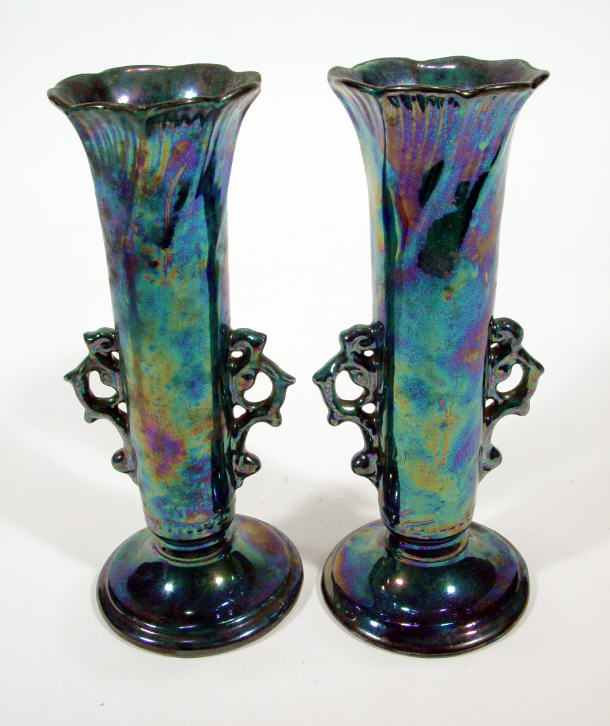 Appraisal: Pair of Art pottery blue lustre glazed vases with ornate