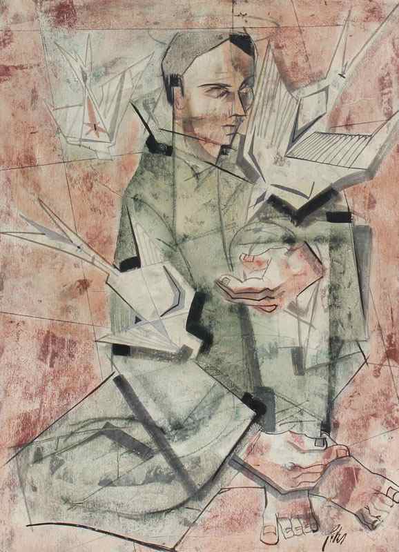 Appraisal: CUBIST MIXED MEDIA ARTWORK OF ST FRANCIS Watercolor with pen