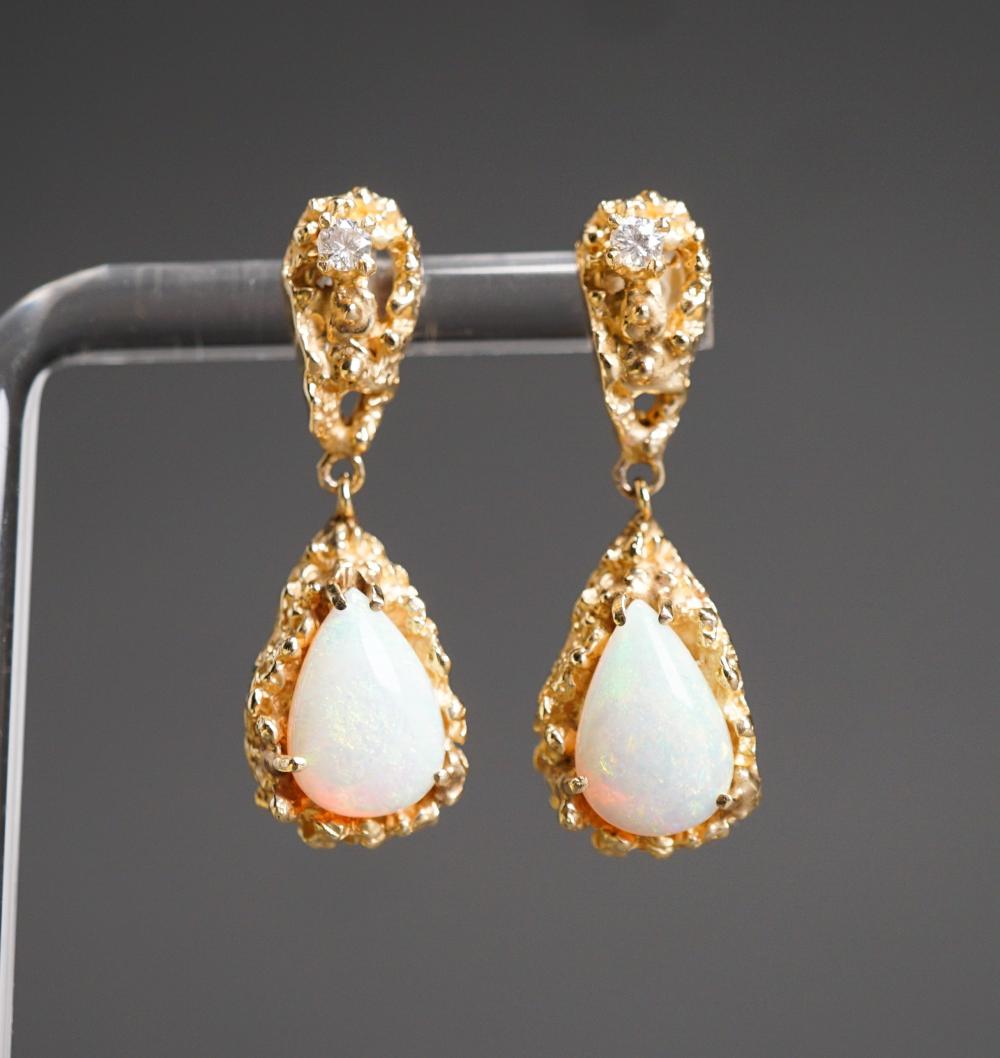 Appraisal: PAIR OF -KARAT YELLOW-GOLD OPAL AND DIAMOND PIERCED PENDANT EARRINGS