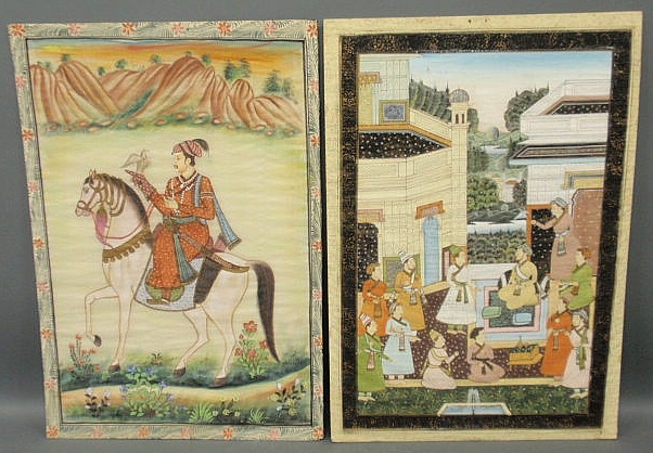 Appraisal: Two Persian paintings on silk- a courtyard scene and a