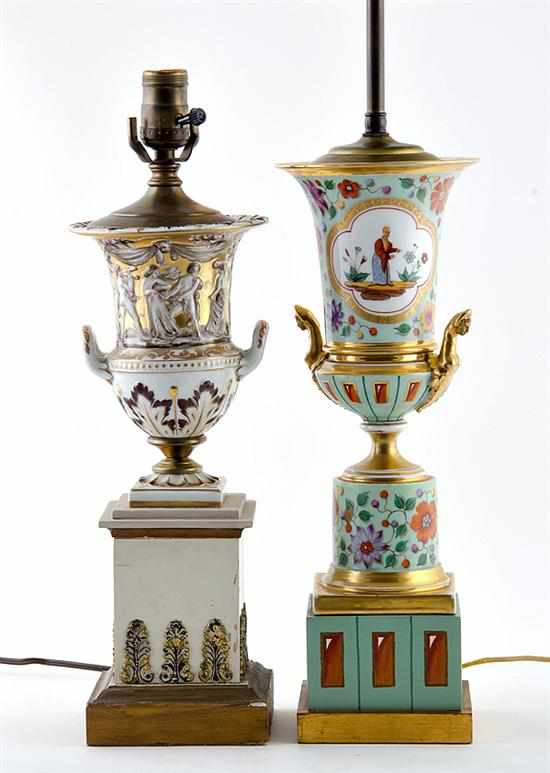 Appraisal: Classical porcelain urns th century Paris porcelain chinoiserie decorated design