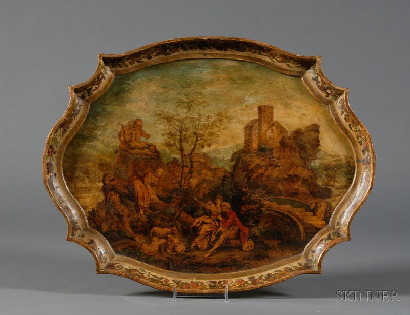 Appraisal: Continental Painted Papier-mache and Decoupage Tray th century cartouche-shaped and