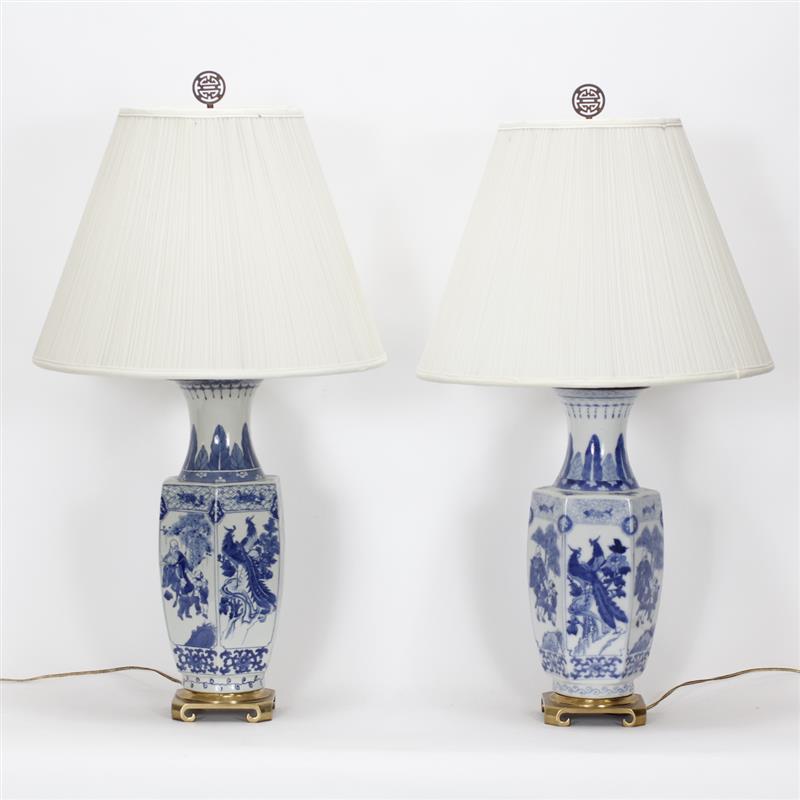 Appraisal: Two Chinese Blue and White Porcelain Hexagonal Urn Lamps H