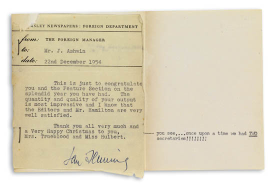 Appraisal: FLEMING IAN Typed Note Signed as Foreign Manager of Kemsley