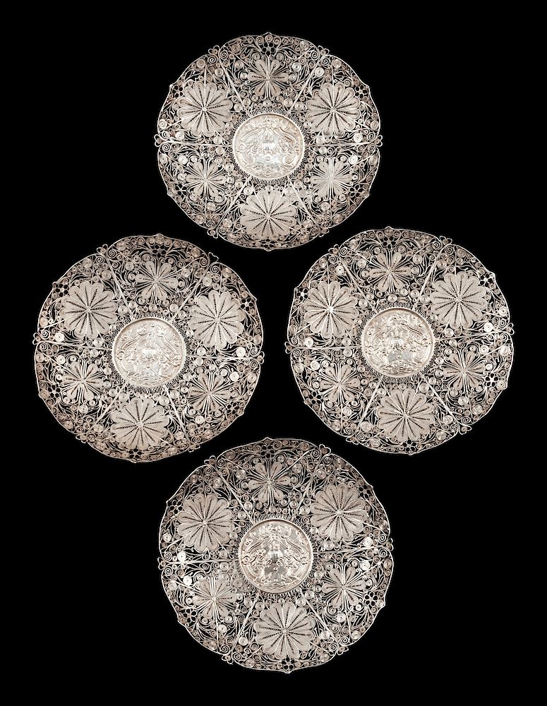 Appraisal: A Set of Four Silver Filigree Plates A Set of