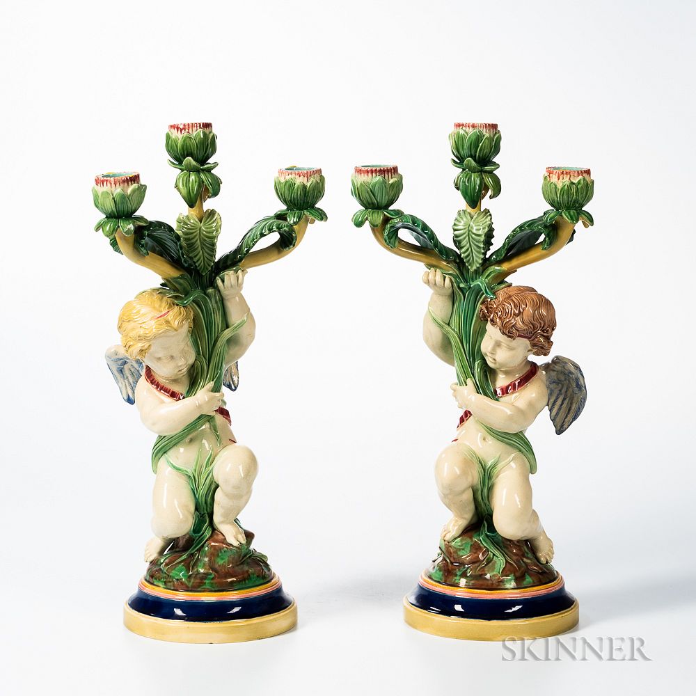 Appraisal: Pair of Copeland Majolica Figural Candelabra Pair of Copeland Majolica