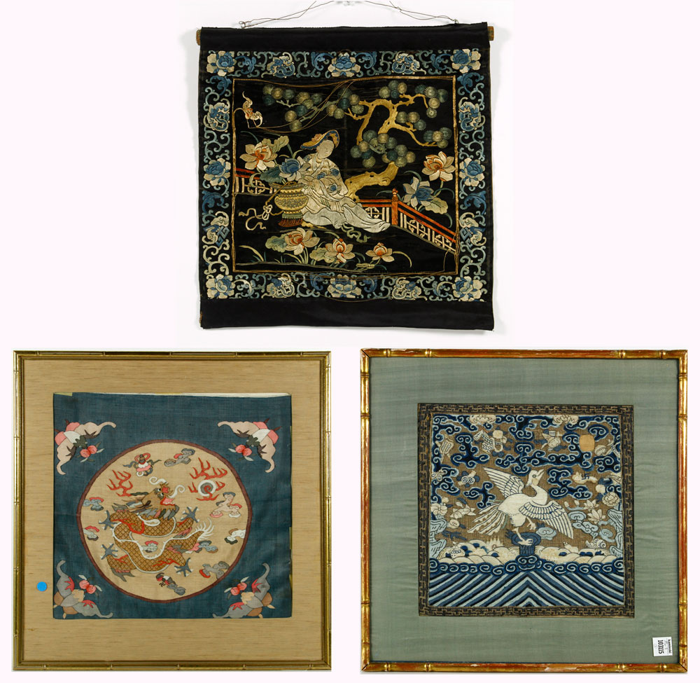 Appraisal: - Chinese Silk Embroidery Lot of three Chinese silk embroideries