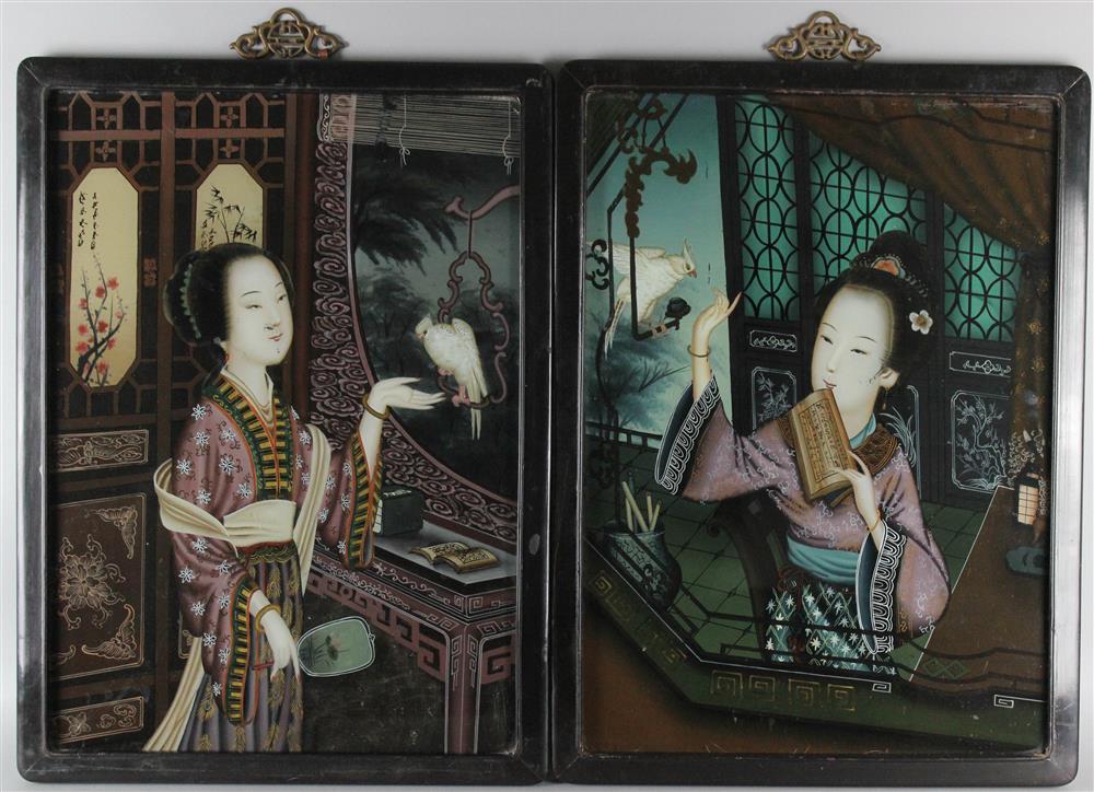 Appraisal: PAIR OF CHINESE REVERSE PAINTINGS ON GLASS OF MEIREN WITH