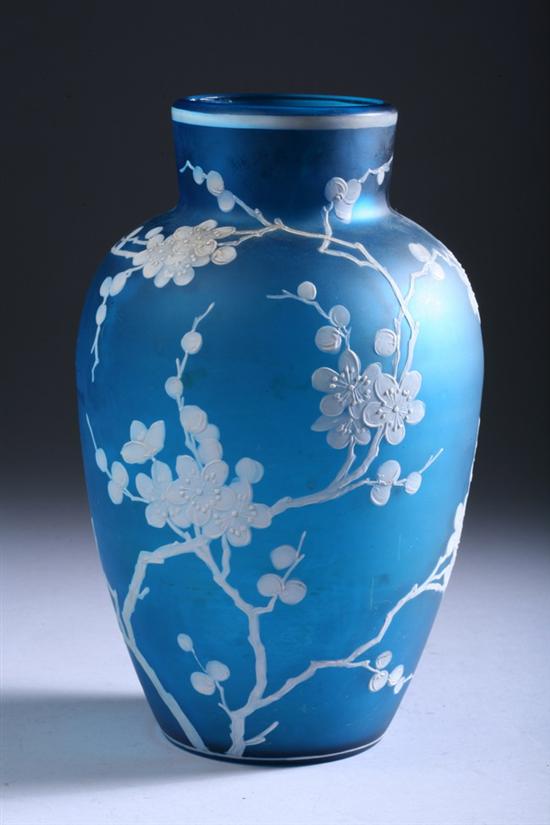 Appraisal: BRISTOL BLUE FROSTED AND ENAMELLED GLASS VASE early th century