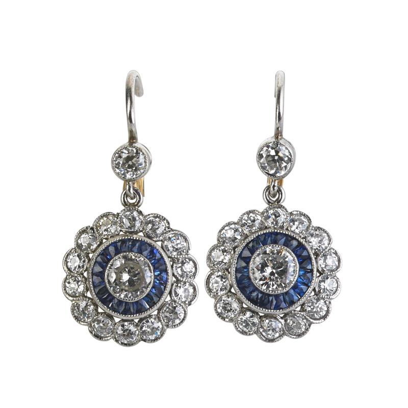 Appraisal: DIAMOND AND SAPPHIRE PLATINUM EARRINGS Condition Report OEC Transition cuts