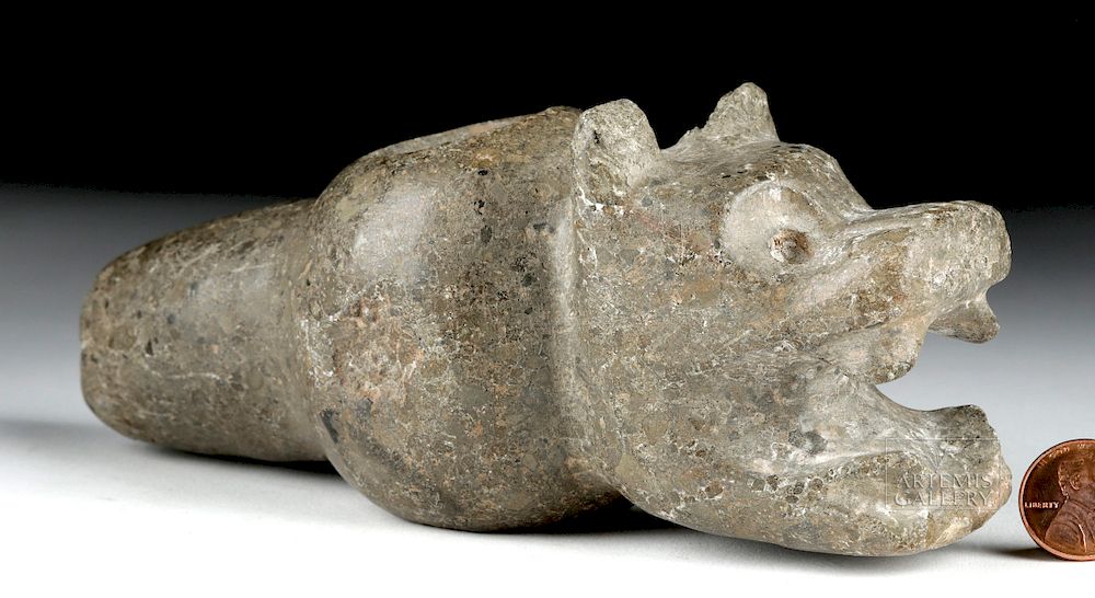 Appraisal: Pre-Columbian Stone Mace Head with Jaguar Face Pre-Columbian probably Costa