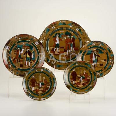 Appraisal: BUFFALO POTTERY Deldare Ware five plates Ye Village Gossips cake