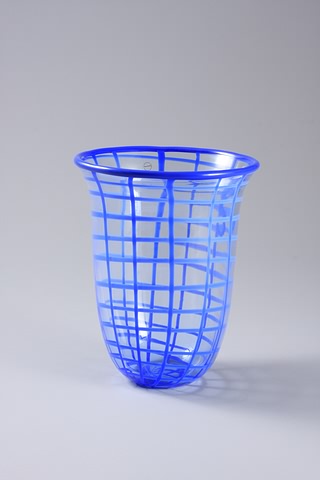 Appraisal: Blue basket work on clear glass Acid etched signature B