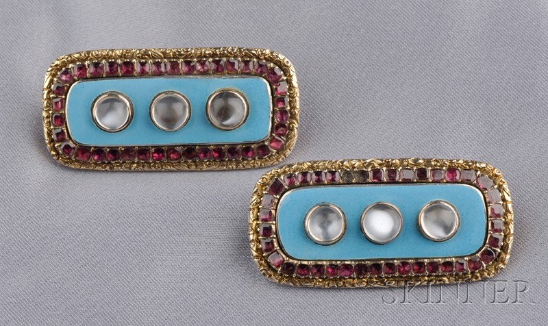 Appraisal: Pair of kt Gold Gem-set Pins each with bezel-set moonstones