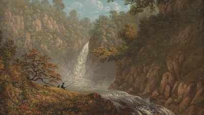 Appraisal: American School th Century Fishing by a waterfall Oil on