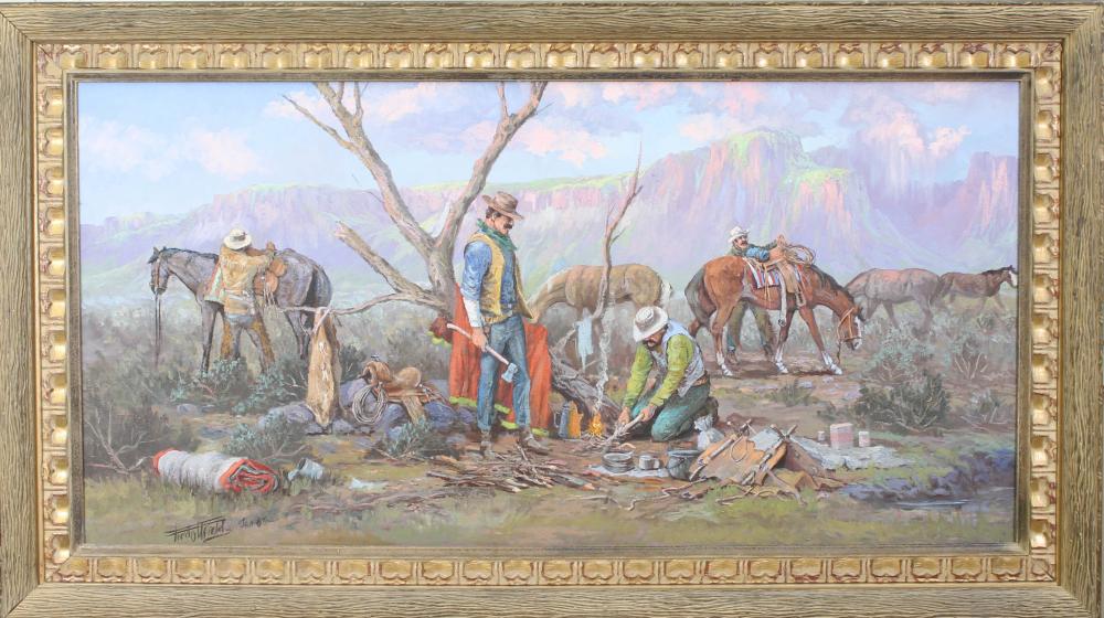 Appraisal: FRED OLDFIELD Washington b oil on canvas cowboys making camp