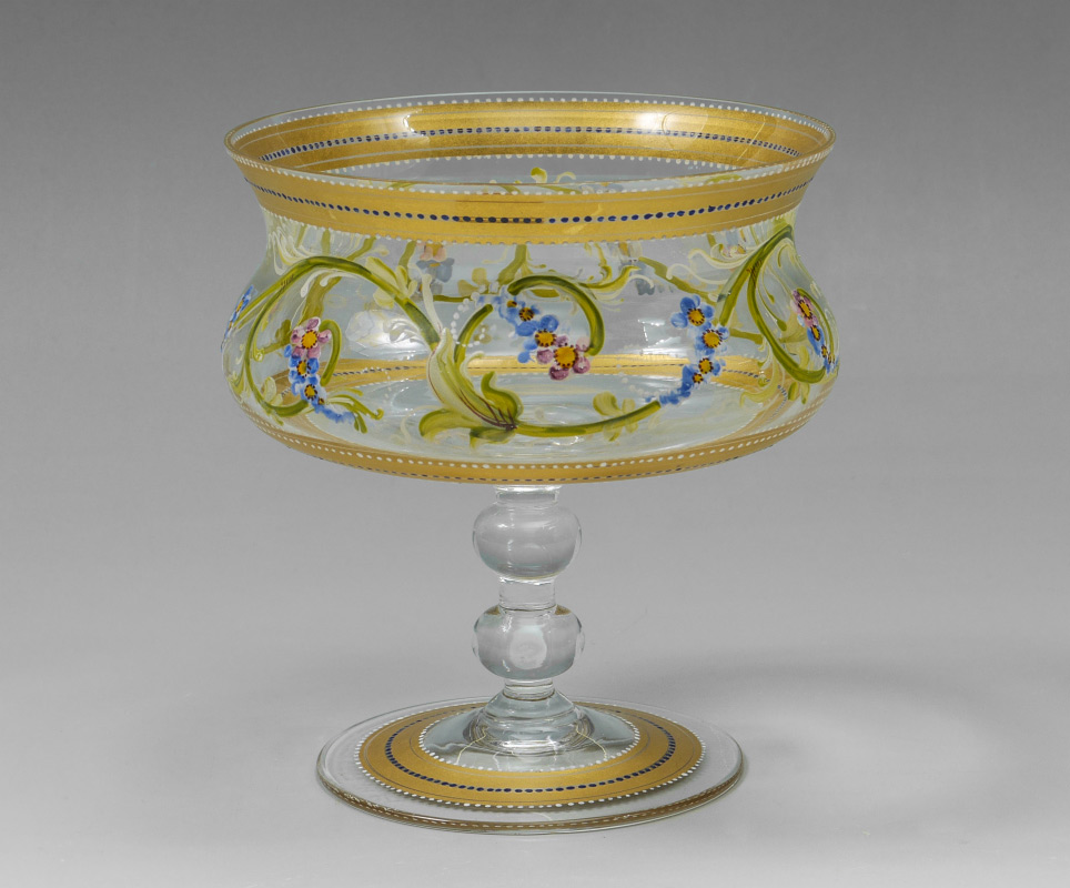 Appraisal: FERRO MURANO ENAMELED GLASS COMPOTE Gilt and enamel decorated glass