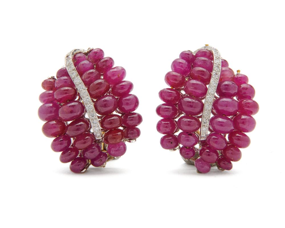 Appraisal: K Gold Ruby and Diamond Earclips each featuring four rows