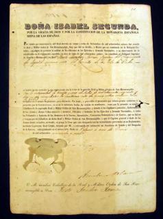 Appraisal: ANTIQUE SPANISH ROYAL DECREE GRANTING MILITARY ORDER Isabel II Signature