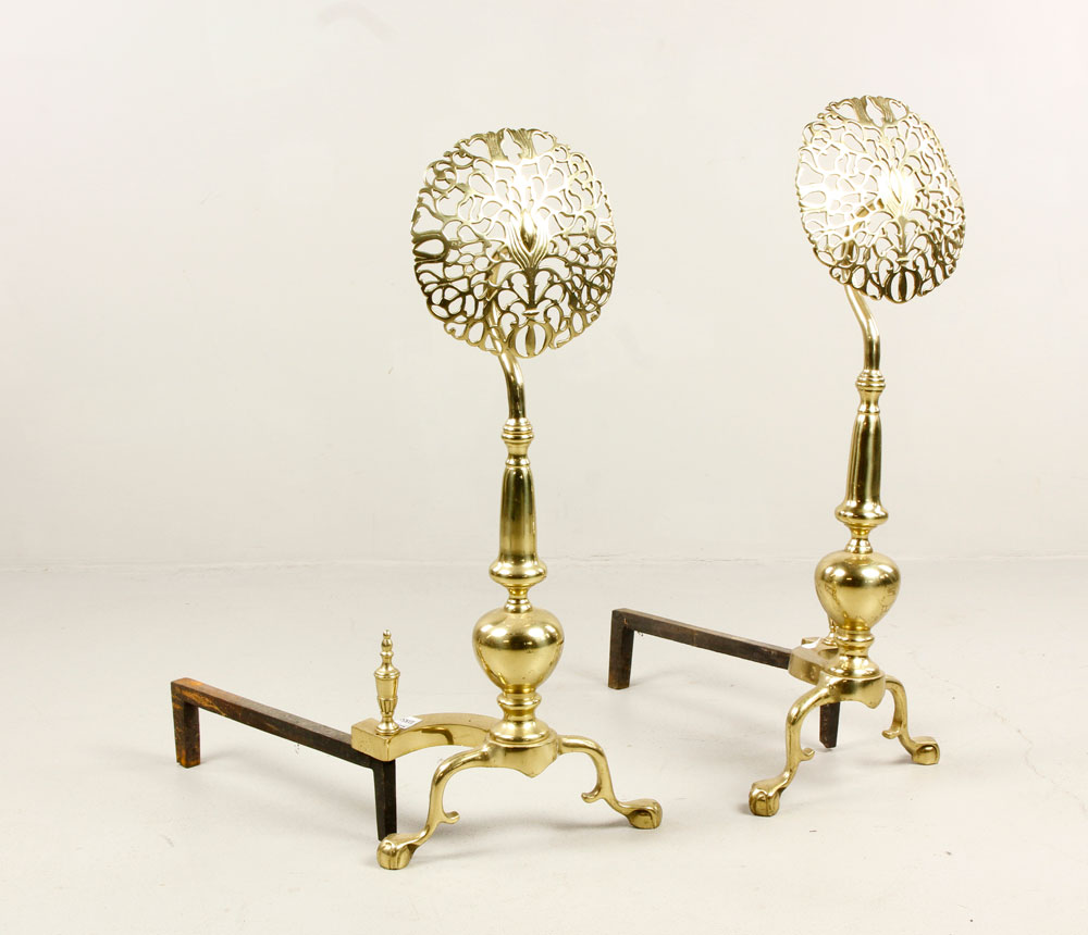 Appraisal: - Brass Andirons Large andirons brass h Provenance From a