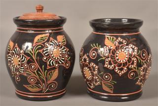 Appraisal: Two Breininger Pottery Decorated Jars - lamp base and Cookie