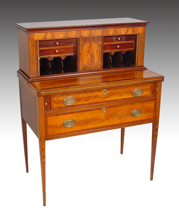 Appraisal: th C FEDERAL MAHOGANY TAMBOUR DESK Banded and inlay the