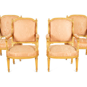 Appraisal: A Set of Four Louis XVI Style Giltwood Fauteuils Late