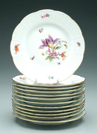 Appraisal: Set twelve Meissen service plates hand painted floral bouquets with