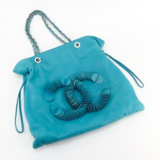 Appraisal: Chanel Turquoise Leather Disc Bon Bon Tote With silver-tone hardware