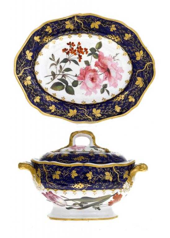 Appraisal: A STAFFORDSHIRE COBALT GROUND BOTANICAL SAUCE TUREEN COVER AND STAND