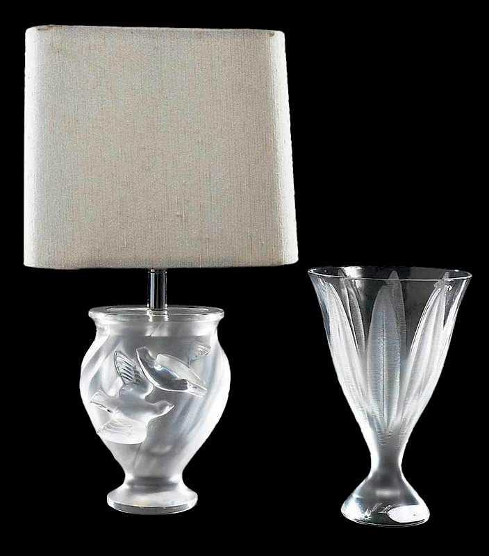 Appraisal: Lalique Frosted Glass Lamp and Vase lamp with molded bird