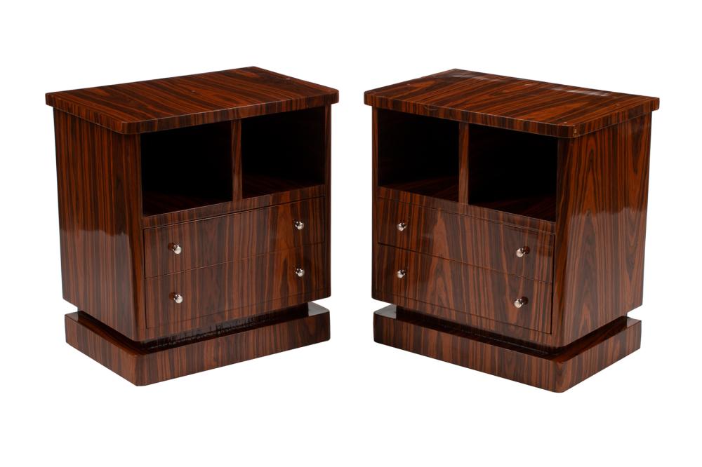 Appraisal: Pair Art Deco-Style Amboyna Bedside Commodes each case with two