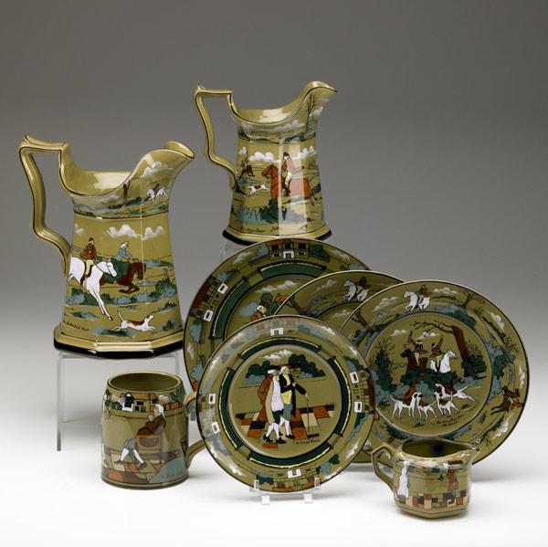 Appraisal: BUFFALO POTTERY Deldare Ware grouping of eight pieces two pitchers