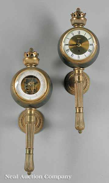 Appraisal: A German Brass-Mounted Clock and Barometer in Paired Spherical Forms